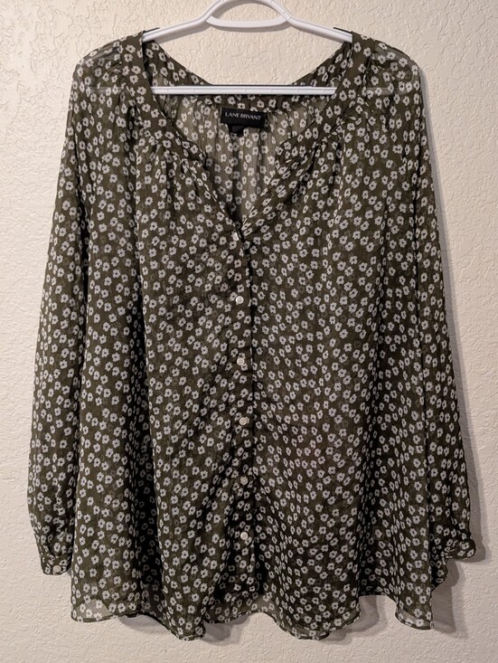Lane Bryant Tops - Dark Olive Green & White Floral Sheer Long Sleeve Button Blouse, Size 18/20